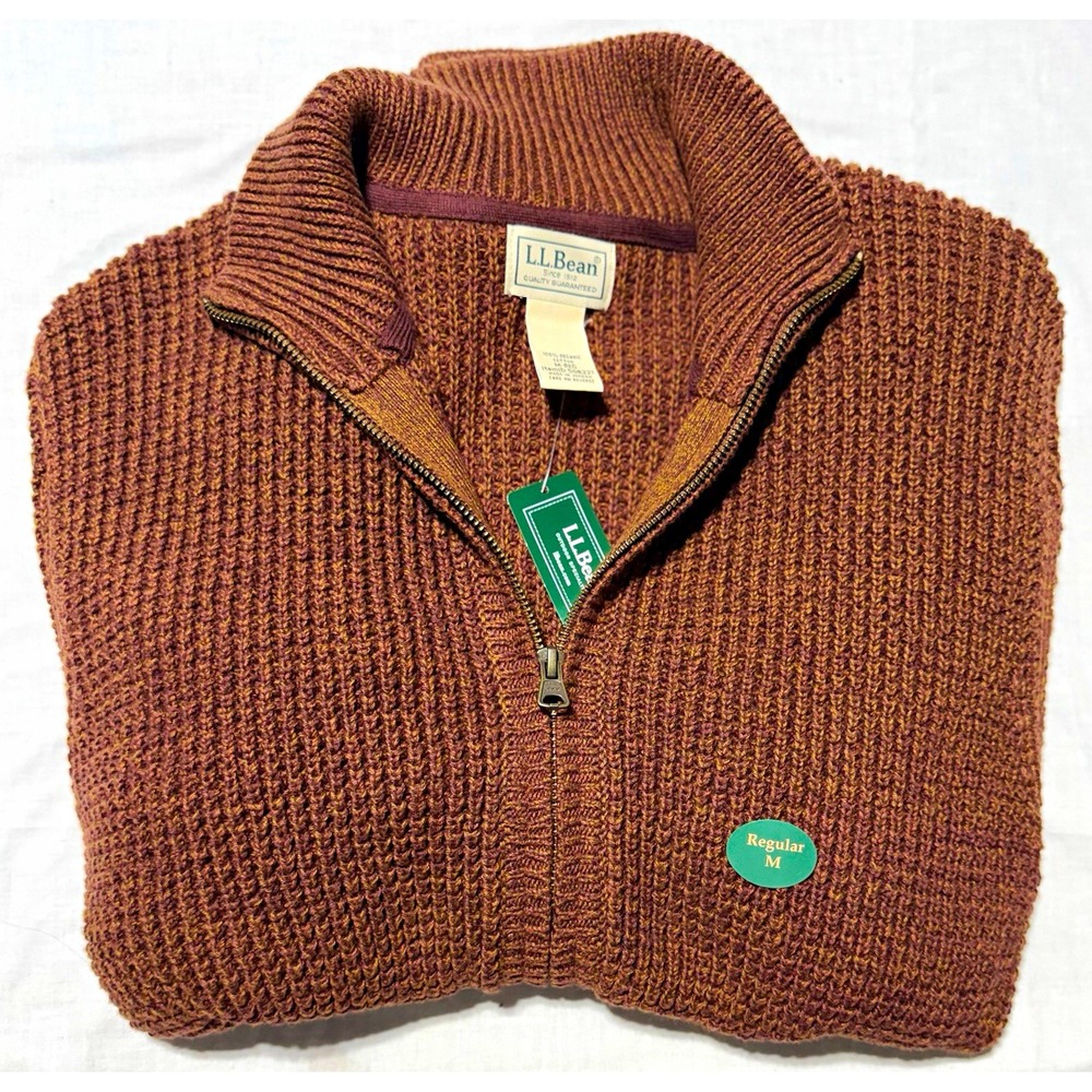 L.L.Bean Mens Sweater M Regular Brown Knit Cotton Full Zip Mock Neck